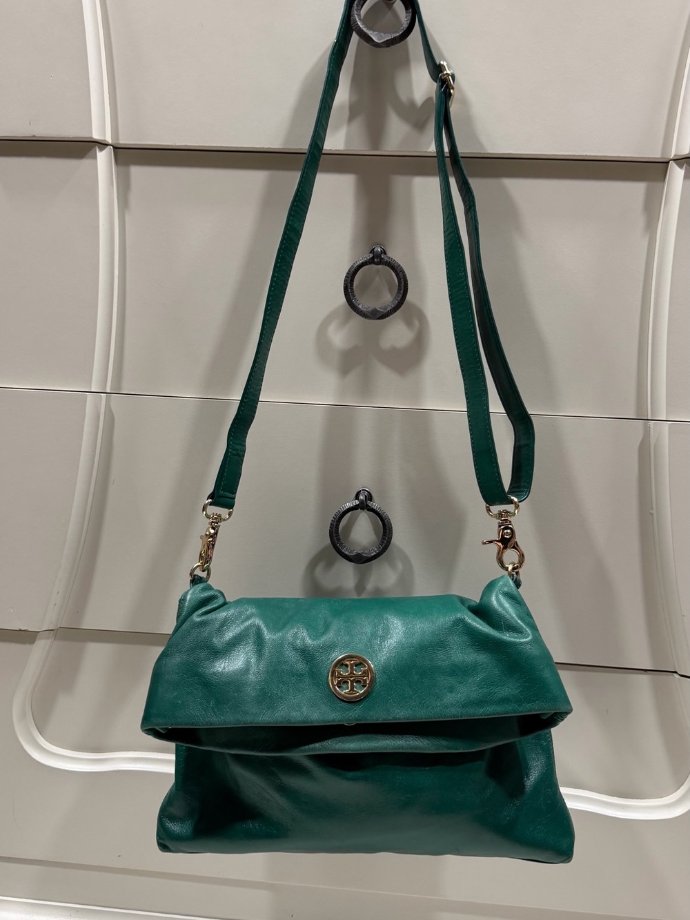 Tory Burch Emerald Green Leather Fold-Over Crossbody with Logo